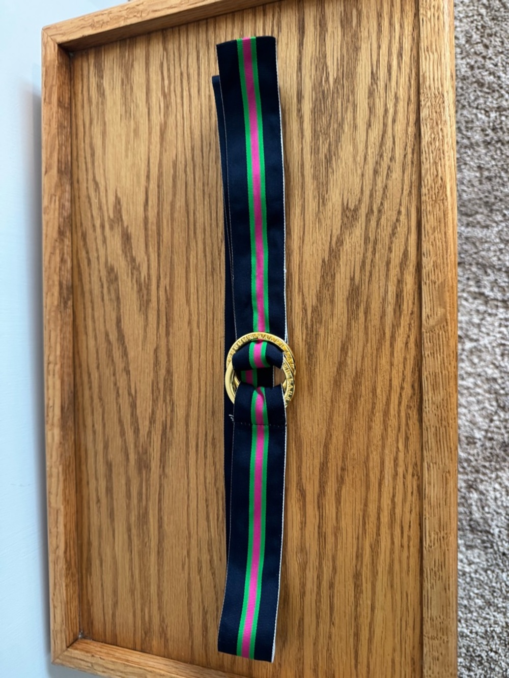 Ralph Lauren Navy Ribbon Belt with Green and Pink Stripes & Gold Rings